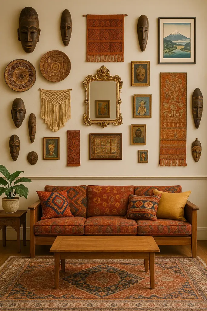 A global-inspired living room wall featuring masks, textiles, and artifacts from around the world — African masks, Indian tapestries, Japanese woodblock prints. The color palette is earthy and rich, with warm wood furniture and layered patterns.