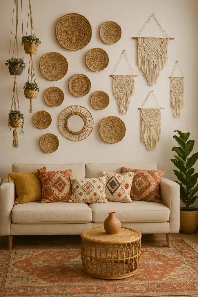 A cozy bohemian-style living room with a textured white wall covered in an eclectic mix of woven baskets, macrame wall hangings, and hanging planters. The couch has colorful, patterned throw pillows, and there's a vintage rug on the floor. A small rattan mirror is centered among the decor.
