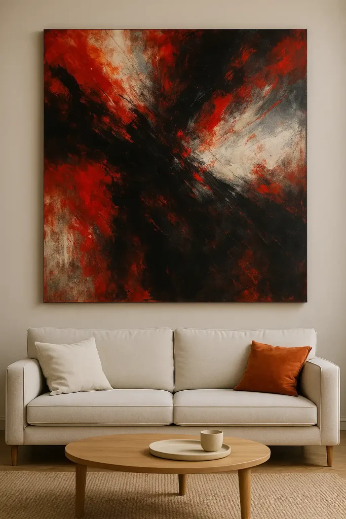 A bold living room wall dominated by a single, large-scale piece of abstract or modern art. The piece is dramatic in color (e.g., reds, blacks, or metallics), and the rest of the room is styled simply to highlight the artwork.