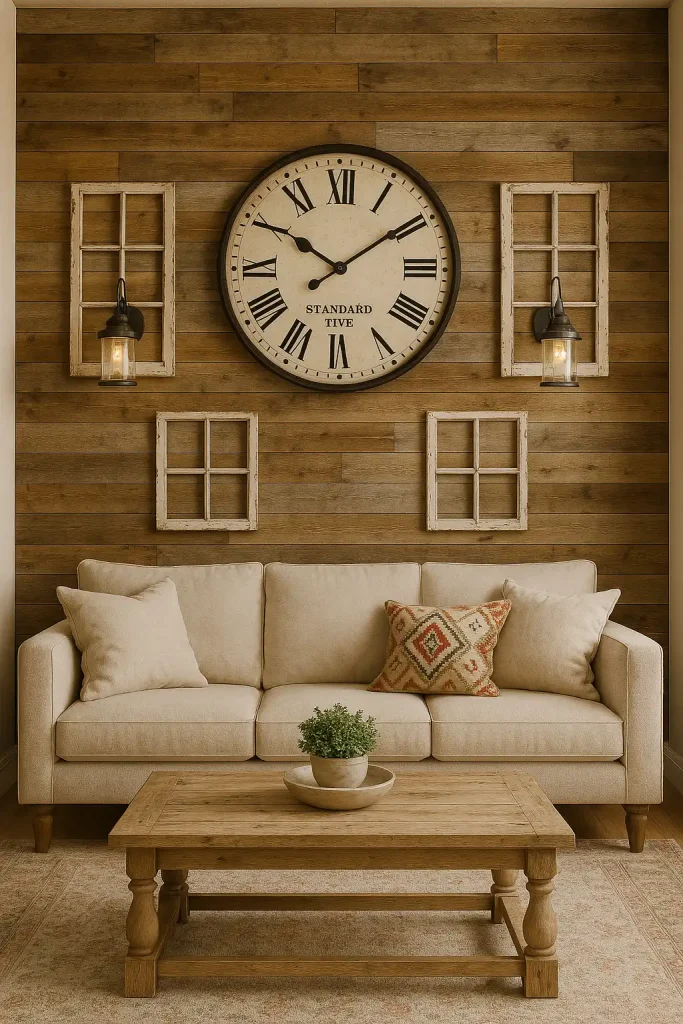 A rustic farmhouse-style living room with a reclaimed wood accent wall, a large antique-style clock as the focal point, vintage window frames repurposed as wall art, and a mix of metal and wood wall sconces. The furniture includes a linen sofa and a distressed wood coffee table.