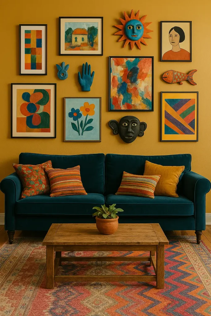 A vibrant, eclectic living room with a bold colored accent wall (deep teal or mustard yellow) covered in mismatched art pieces, abstract paintings, and quirky 3D wall sculptures. A velvet sofa sits against the wall with layered rugs and a gallery wall filled with personality.