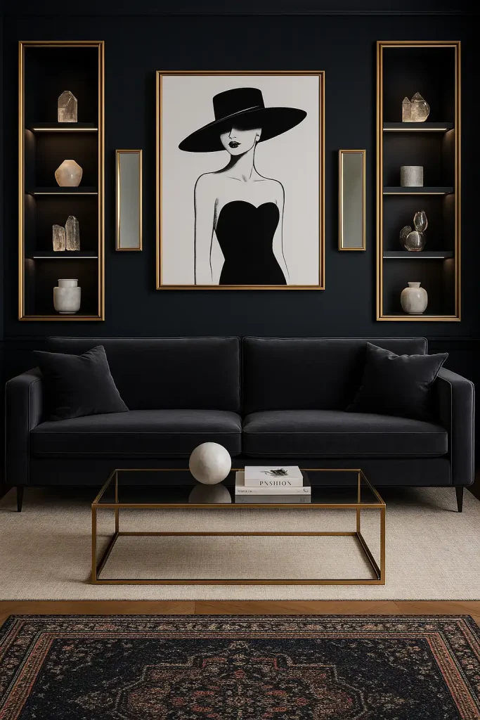 A glamorous contemporary living room featuring a dark navy or charcoal gray accent wall with gold-trimmed mirrors, oversized framed fashion prints, and built-in LED-lit floating shelves displaying crystal and marble decor. A sleek velvet sofa and a glass coffee table complete the luxe vibe.