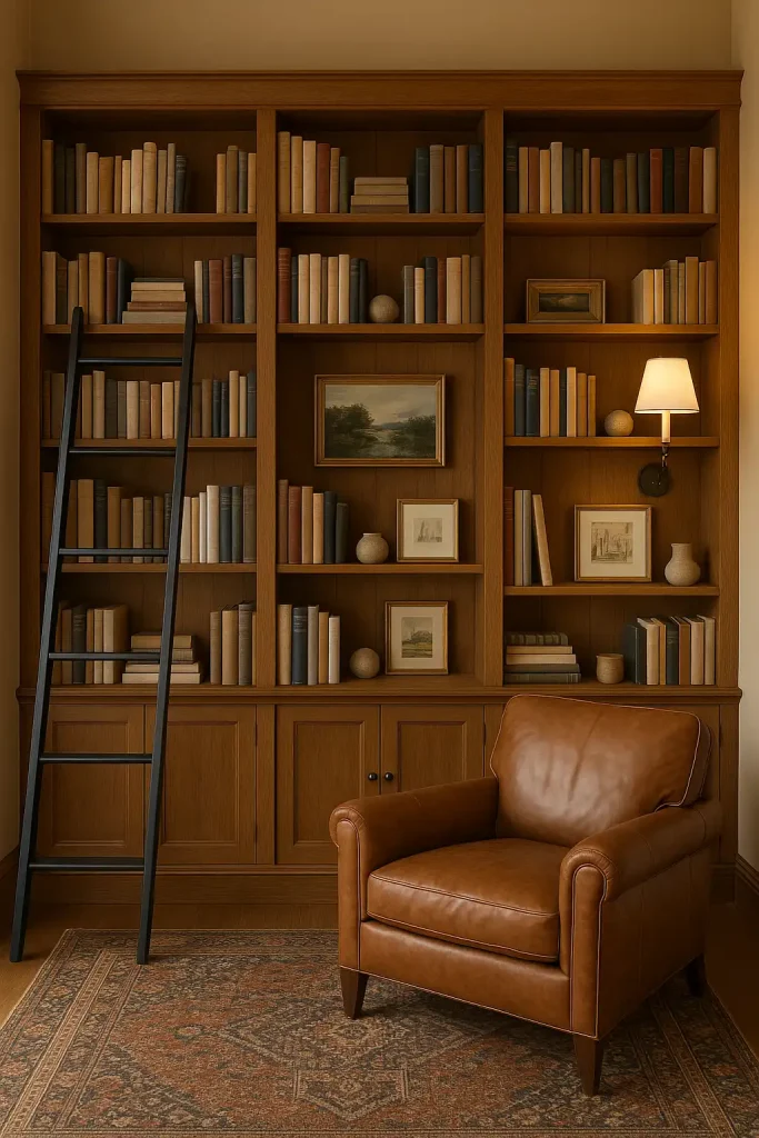 A warm-toned living room wall transformed into a cozy reading nook with full-height built-in bookshelves, a library ladder, and a leather armchair nearby. The shelves are filled with books, framed art, and small decorative objects. A sconce light is mounted for reading ambiance.
