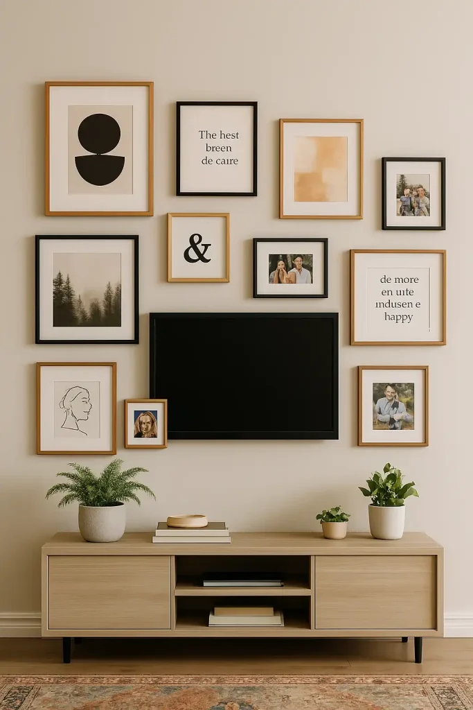 A functional yet stylish living room wall with a mounted flat-screen TV surrounded by a gallery wall of art, quotes, and family photos in varying frames. Below the TV is a low-profile console with minimalist decor and small potted plants. The wall color is a soft greige.