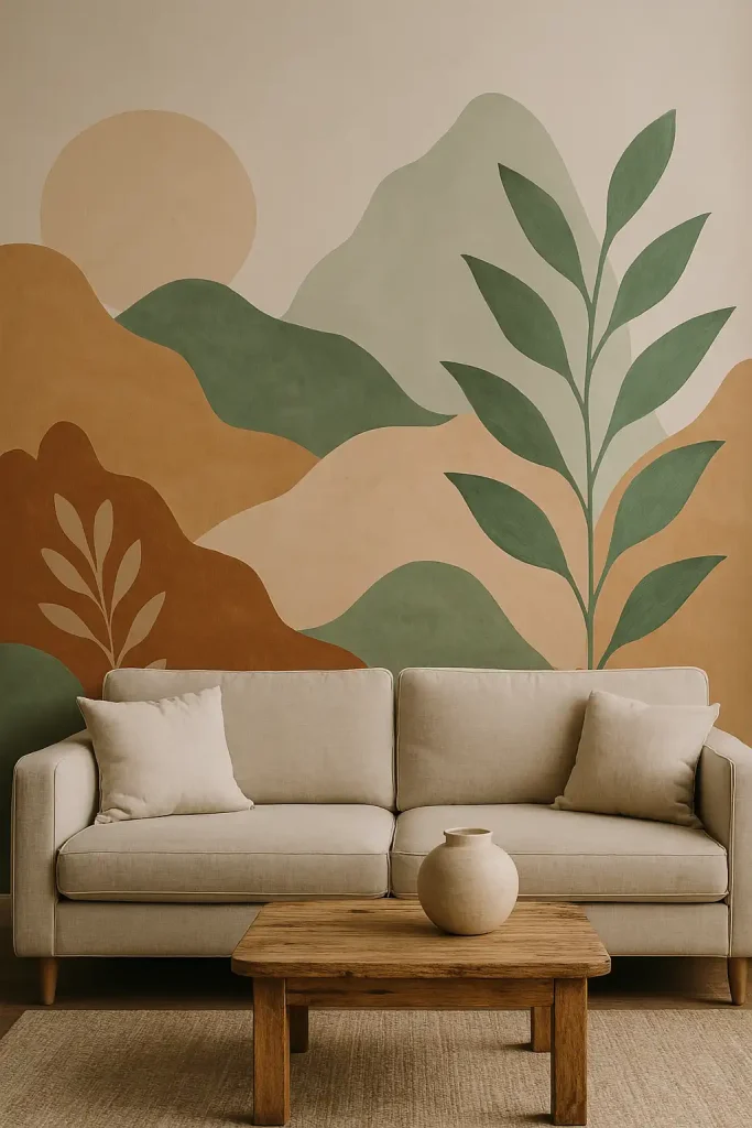 A creative living room with a hand-painted mural wall depicting abstract shapes or a nature scene. The rest of the decor is kept simple with a linen sofa and neutral tones, allowing the mural to be the main feature. Minimalist lighting enhances the art.