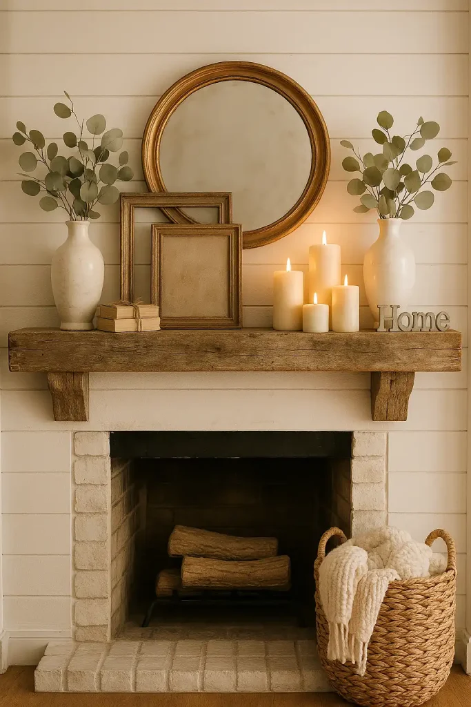 A beautifully styled farmhouse mantel with a rustic white shiplap background, a distressed wood mantel beam, white ceramic vases with dried eucalyptus, a vintage round mirror as the focal point, layered antique picture frames in muted tones, and pillar candles of varying heights. Soft warm lighting, cozy textures, and neutral tones dominate the palette. Add small stacked books tied with twine, a woven basket filled with white throws nearby, and a subtle "Home" wooden sign leaning casually