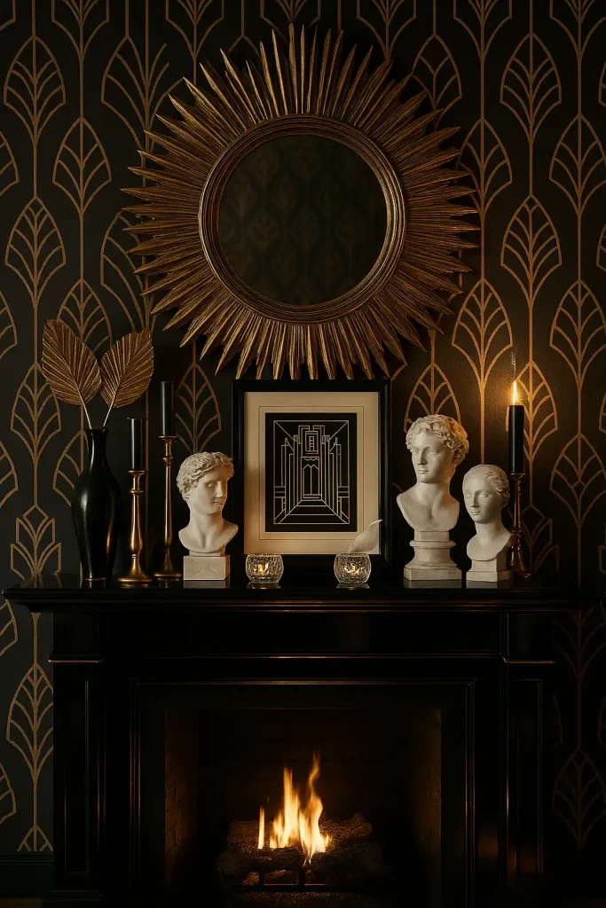 A luxurious Art Deco-inspired mantel with bold geometric patterns and gold accents. Black lacquered mantel shelf with sleek gold-trimmed vases, mirror-finished candlesticks, and an oversized round mirror with a sunburst gold frame. Add a pair of marble busts, crystal votives, and an elegant black-and-white framed print. Wall behind the mantel features subtle geometric wallpaper in black and gold. Lighting is moody and elegant, with a soft glow from the fireplace and reflections catching on every metallic surface.