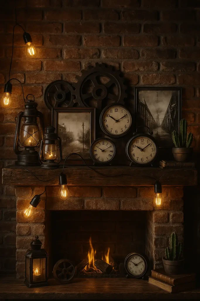A gritty yet stylish industrial mantel with raw materials and masculine energy. The mantel shelf is rough-hewn wood set into an exposed brick wall. Decor includes antique metal lanterns, Edison bulb string lights, old factory gears, and vintage clocks. Layer in black-and-white photography in metal frames, a stack of leather-bound books, and a small potted cactus for a modern twist. Dim, ambient lighting and shadow-heavy atmosphere create a cozy, urban vibe.
