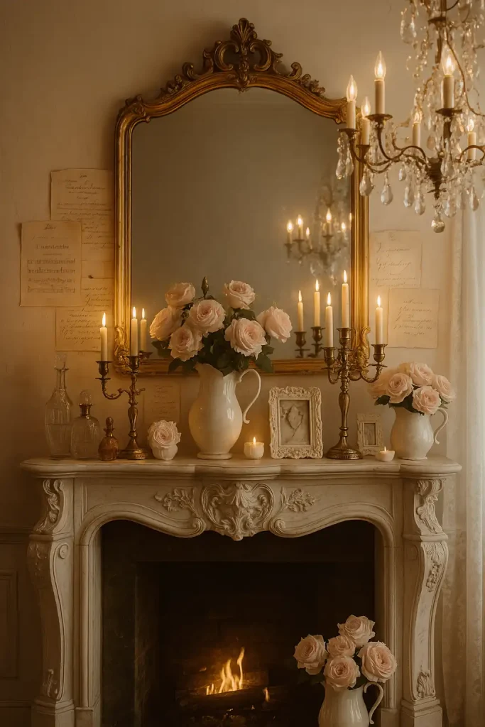 A soft and elegant French country-style mantel with chalky white tones and romantic accents. Carved wood mantel in a distressed ivory finish, a large ornate gold mirror with rococo detailing above, flanked by candelabras. On the shelf: antique perfume bottles, lace-trimmed photo frames, and clusters of pale pink roses in white ceramic pitchers. Layered behind are French postcards, vintage sheet music, and hand-lettered quotes. A crystal chandelier hangs nearby, catching the candlelight and scattering delicate glimmers across the room.