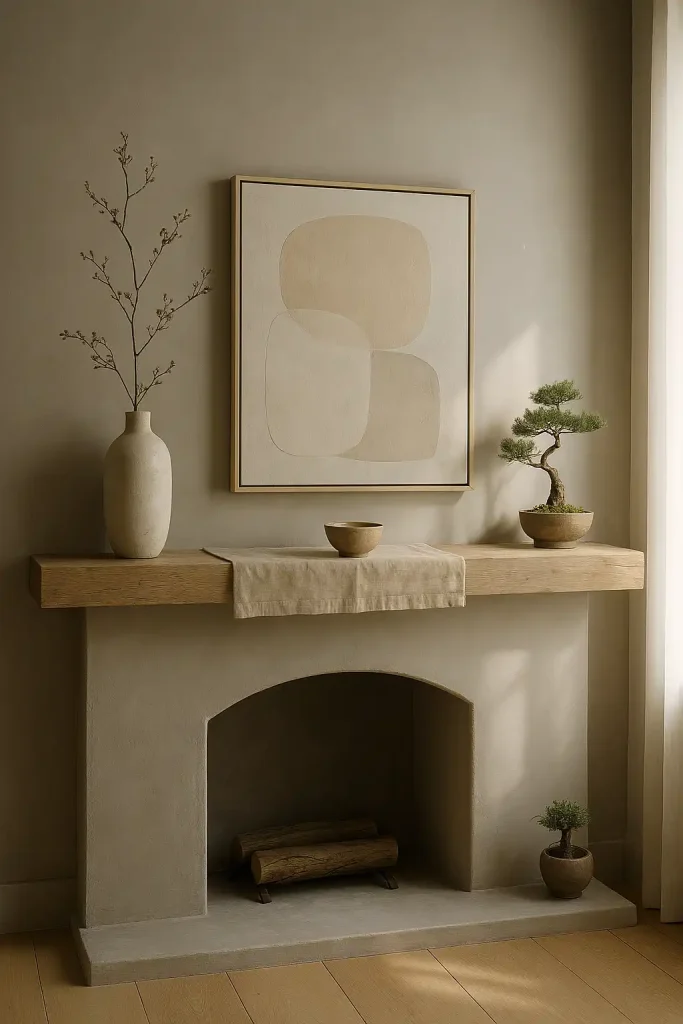 A serene and balanced Japandi-style mantel that blends Japanese simplicity with Scandinavian coziness. Clean lines, natural wood textures, and a neutral color palette dominate. The mantel shelf is raw light oak, with a single handcrafted ceramic vase holding a sparse ikebana-style arrangement. A low-profile abstract painting in cream and beige tones leans against a matte gray wall. Include a folded linen runner, a tea bowl, and a small bonsai. Soft natural light flows in from the side, creating harmony and calm with gentle shadows.