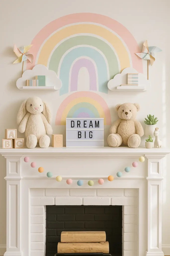 A playful and imaginative mantel perfect for a child’s space. The mantel is painted in cheerful white, with a pastel rainbow mural behind it. On the shelf: wooden alphabet blocks, plush toys like a soft bunny or bear, and whimsical cloud-shaped shelves holding tiny books. A string of felt ball garland in soft rainbow tones drapes across. Add paper pinwheels, a lightbox with a fun phrase like “Dream Big,” and small potted succulents in animal-shaped pots. Bright, happy daylight fills the room.