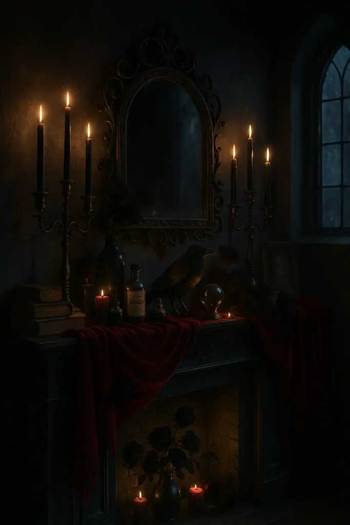 A dark, romantic, and mysterious gothic-style mantel. Black-painted fireplace with an ornate wrought-iron mirror above, flanked by tall black taper candles in heavy brass holders. The mantel is draped with deep red velvet and decorated with vintage potion bottles, a raven figurine, and dried black roses. Include antique books with cracked spines, a small crystal ball, and dark art prints. Lighting is dramatic—lit mostly by candlelight and a few beams of moonlight from a gothic arched window.