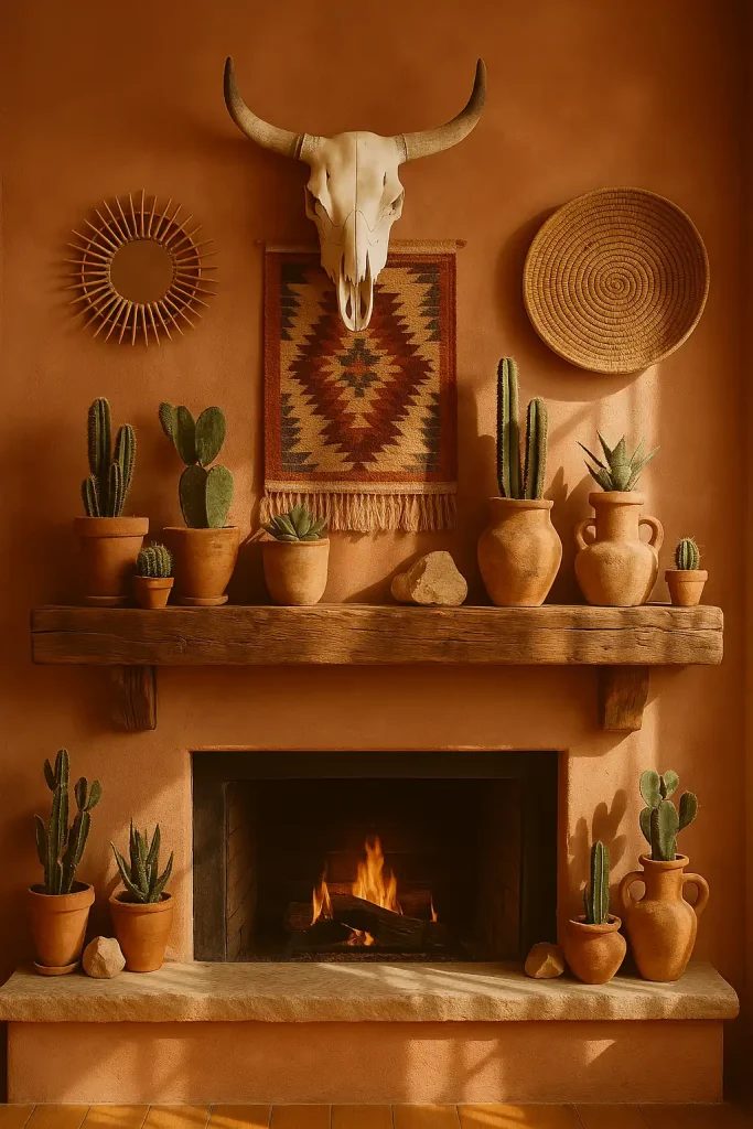 A sun-drenched desert-inspired boho mantel in warm earth tones. Terracotta walls, reclaimed wood shelf, and layered clay pots with cacti and succulents. Include woven textiles like a hanging kilim rug or desert tapestry, plus rattan trays and sunburst mirrors. A cow skull or faux antlers serve as a focal point above. Natural sunlight and dry heat vibes are enhanced with textured ceramics and raw stone pieces scattered artfully across the shelf.