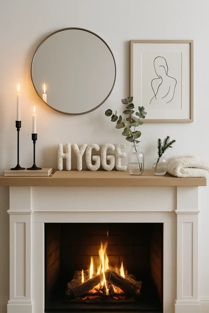 A cozy, minimalist Scandinavian mantel with a strong sense of “hygge.” Clean white walls, soft gray or pale wood mantel shelf. Decor includes white taper candles in black iron holders, a few stacked neutral-toned books, and knitted textures. A simple round mirror or modern line art print above. Add touches of greenery like eucalyptus or a tiny fir branch in a glass jar. Soft ambient light and firelight create a warm, contented feeling of simplicity and comfort.