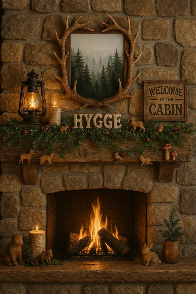 A cozy, lodge-inspired woodland mantel set against a stone wall with a rough-hewn log mantel shelf. Decor includes miniature wooden forest animals, pine garlands with tiny mushrooms and twigs, and bark-covered candles. A vintage lantern and a carved wooden “Welcome to the Cabin” sign add charm. Above hangs an antler frame mirror or a framed forest print. Ambient lighting with hints of firelight and the scent of pine evokes a cabin-in-the-woods feel.