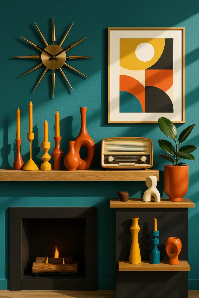 A sleek and playful mid-century modern mantel with bold colors and sharp lines. Painted in a rich teal or mustard tone, the wall above features a sunburst clock or abstract art print. On the mantel: retro ceramic vases, funky candleholders in geometric shapes, and a vintage radio or record player. Add small sculptures or a potted rubber plant for contrast. The lighting is sharp and stylish, with shadows playing off angular decor.