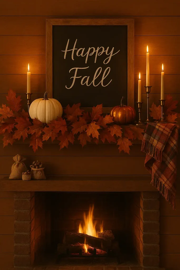 A warm and inviting autumn-themed mantel with deep earth tones, featuring a garland of faux fall leaves in orange, rust, and gold. Decorate with white and copper pumpkins, a large wood-framed chalkboard with “Happy Fall” handwritten in script, and brass candleholders with flickering tapers. Include plaid textures like a folded blanket draped on one corner and mini burlap sacks filled with acorns or pinecones. Dim golden hour lighting with a soft fire glowing in the fireplace below.