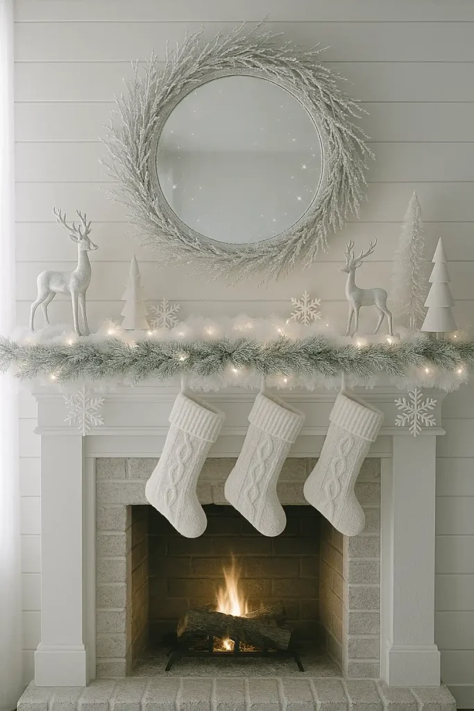 A serene winter mantel in a soft, monochrome white and silver theme. The mantel is lined with faux snow, twinkling fairy lights, frosted pine garland, and silver reindeer figurines. A large circular mirror framed in icy branches hangs above. Include white knit stockings, minimalistic Scandinavian-style trees, and snowflake ornaments. Soft, natural light from a nearby window enhances the snowy look, with delicate sparkle effects on the decor.