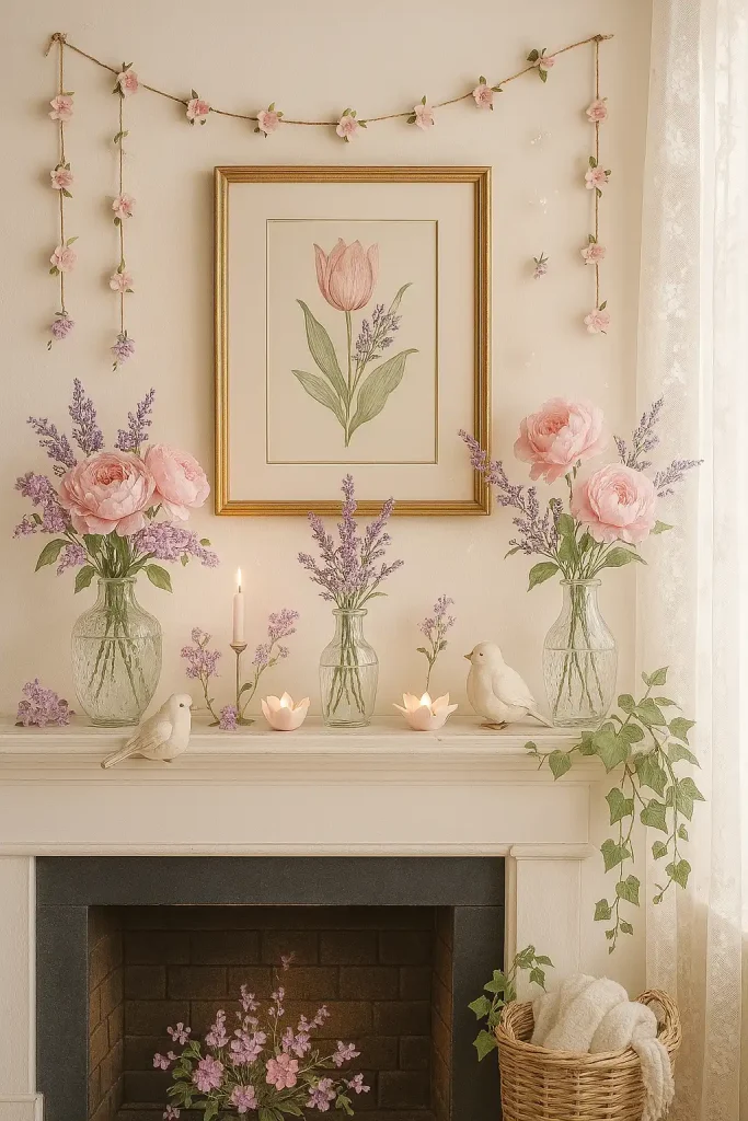 A fresh and romantic spring-themed mantel with pastel accents. The mantel is decorated with pink peonies, lavender sprigs, and trailing ivy in vintage-style clear glass vases. A botanical print in a gold frame is centered above the mantel, surrounded by hanging garlands of tiny paper flowers. Small ceramic birds and tea light holders shaped like blossoms are scattered. Gentle morning light filters through nearby lace curtains, adding a dreamy softness.