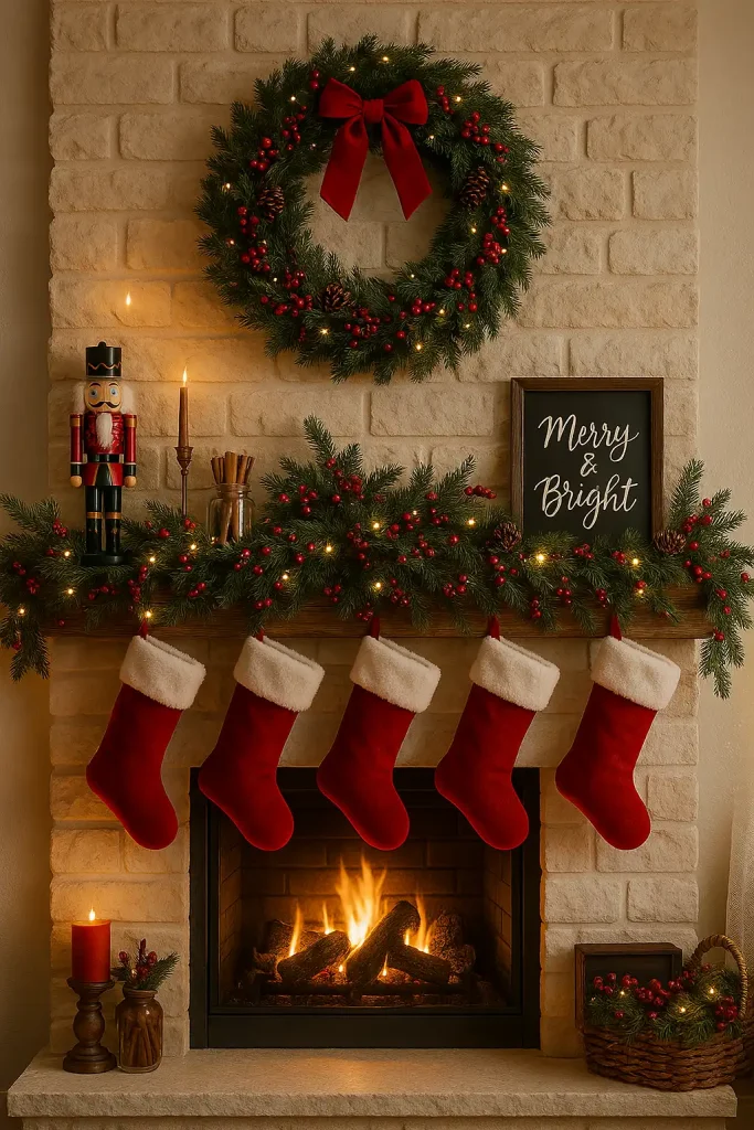A festive and traditional holiday mantel with rich red and forest green accents. Features a lush evergreen garland with red berries, pinecones, and string lights draped across the mantel. Red stockings with white fur trim hang evenly spaced. Above, a wreath with a red bow is centered on a stone or whitewashed wall. Include a nutcracker figurine, cinnamon sticks in jars, and a small "Merry & Bright" sign. Cozy firelight casts a warm glow on the decorations.