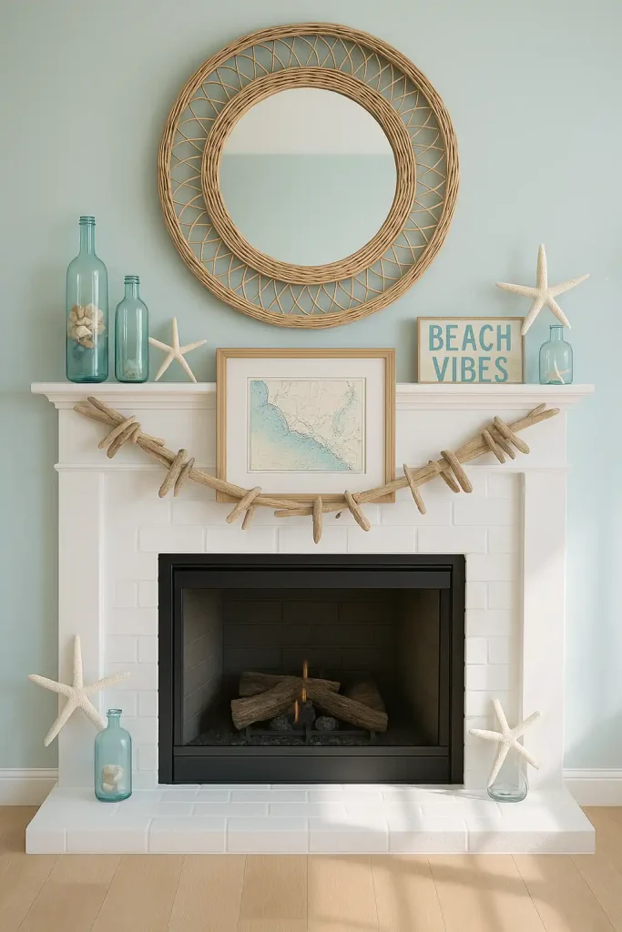 A bright and airy coastal-inspired mantel with a color scheme of white, sand, and ocean blue. Decor includes driftwood pieces, glass bottles with seashells, a framed map of the coastline, and a large circular rattan mirror. A few starfish and a weathered sign that reads “Beach Vibes” complete the look. The wall is a soft seafoam green, and natural sunlight bounces off light wood floors, creating a serene, breezy atmosphere.