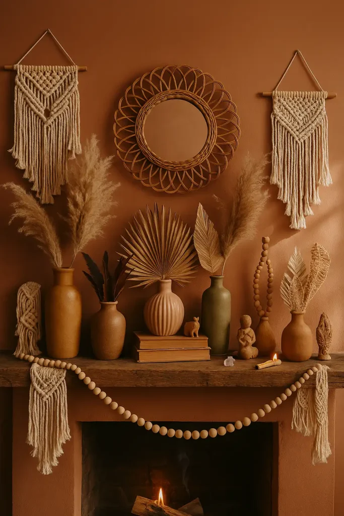 An artfully layered bohemian-style mantel bursting with textures and earthy tones. The background is a matte terracotta wall with a reclaimed wood mantel shelf. On the shelf: macramé wall hangings drape off the sides, mismatched ceramic vases in ochre, blush, and olive, with pampas grass, dried palm fronds, and feathers. Add vintage books stacked horizontally, a woven rattan-framed mirror, and hanging bead garlands. Include small artisan figurines, crystals, and a lit palo santo holder. Soft diffused lighting, natural shadows, and lots of cozy, handcrafted charm.
