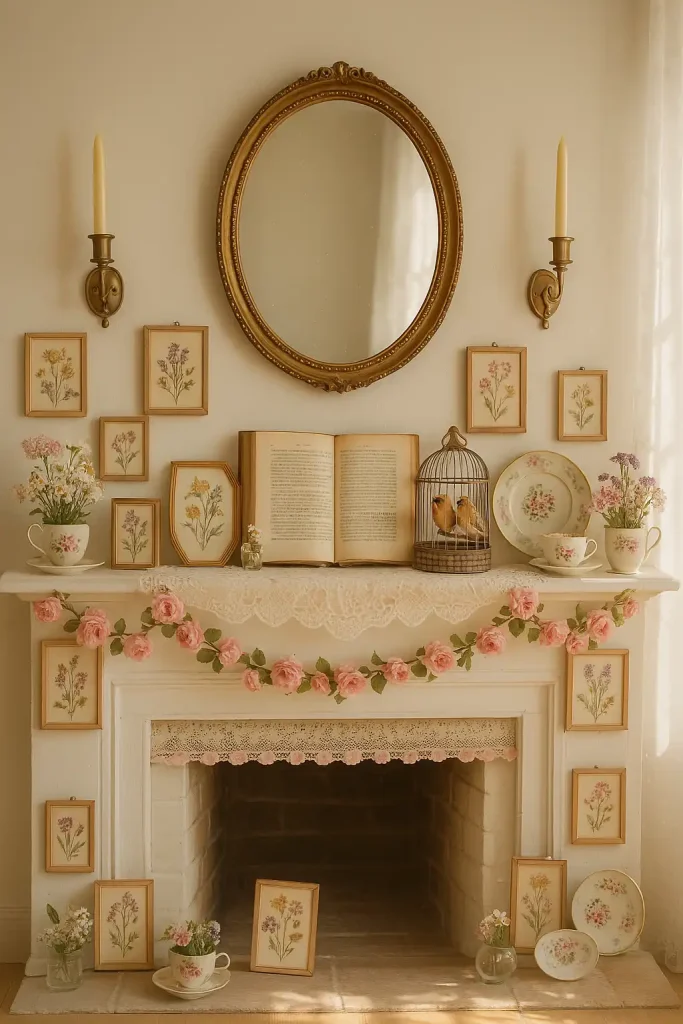A whimsical and nostalgic cottagecore mantel with soft pastel accents and vintage floral charm. The mantel is adorned with pressed flower frames, a lace doily runner, small teacups filled with wildflowers, and a pastel pink floral garland. Above the mantel hangs an antique gold oval mirror, flanked by two brass candle sconces. Display an open book of poetry, a tiny birdcage with faux robins, and a few antique ceramic plates leaning against the back wall. Soft morning light filters in from a nearby window, illuminating dust motes for an enchanted, storybook look.