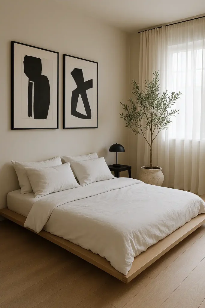 A serene master bedroom with a low platform bed, white linen bedding, black-framed abstract wall art, and a single olive tree in a ceramic pot by the window. Soft natural light filters through sheer white curtains. Neutral color palette with black and wood accents.