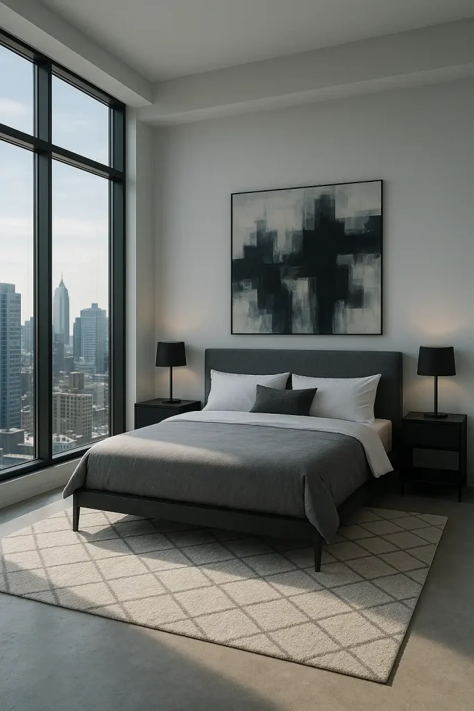 Chic modern bedroom with floor-to-ceiling windows showcasing a city skyline. Clean lines, cool tones, and minimal decor. A platform bed with a gray upholstered headboard and black nightstands.