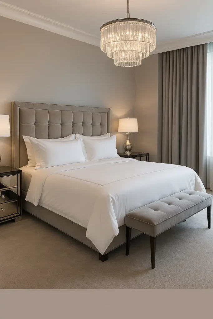 Glamorous master bedroom with a king-sized bed dressed in crisp white hotel-style bedding, a velvet bench at the foot, high-gloss furniture, and mirrored accents. Soft gray walls, blackout curtains, and a stylish chandelier complete the look.