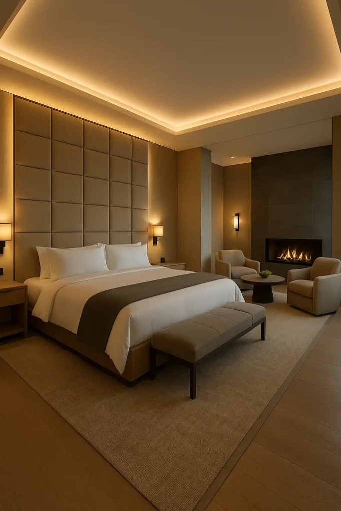 A high-end, spa-like bedroom retreat with built-in mood lighting, neutral tones, large padded headboard, and modern bedside sconces. A seating area with a round coffee table and plush armchairs near a fireplace.