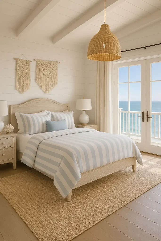 A beach-inspired master bedroom with soft blue and white striped bedding, whitewashed wood furniture, rattan light fixtures, and a seashell decor centerpiece on the nightstand. French doors open to a balcony with ocean views.