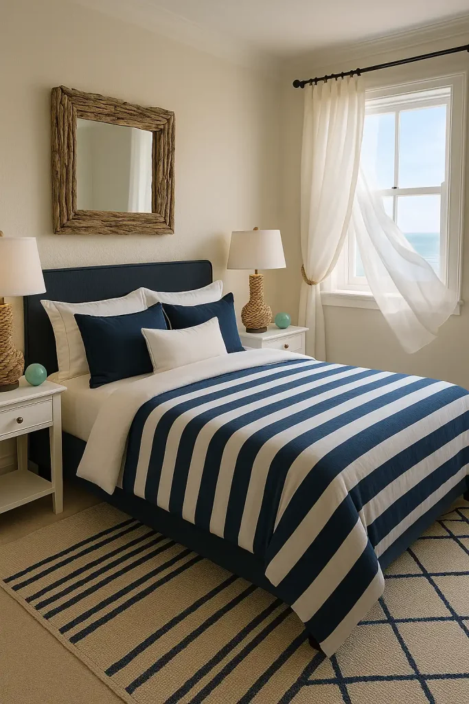 Nautical-style bedroom with navy and white color scheme, rope-wrapped lamps, driftwood mirror above the bed, and sea glass-colored accents. Linen curtains billow in the breeze from a nearby open window.