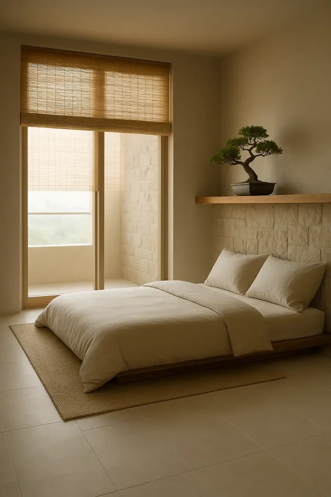 A minimalist zen bedroom with a low futon-style bed, neutral tones, stone textures, and a bonsai tree on a simple wooden shelf. Natural light filters in through bamboo blinds. Calming, peaceful, and uncluttered.