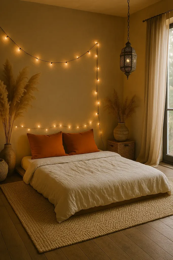 Japanese-inspired master bedroom with sliding shoji screens, a tatami mat, a simple bed with crisp white bedding, and a single hanging pendant light. A rock garden visible through a large glass door.