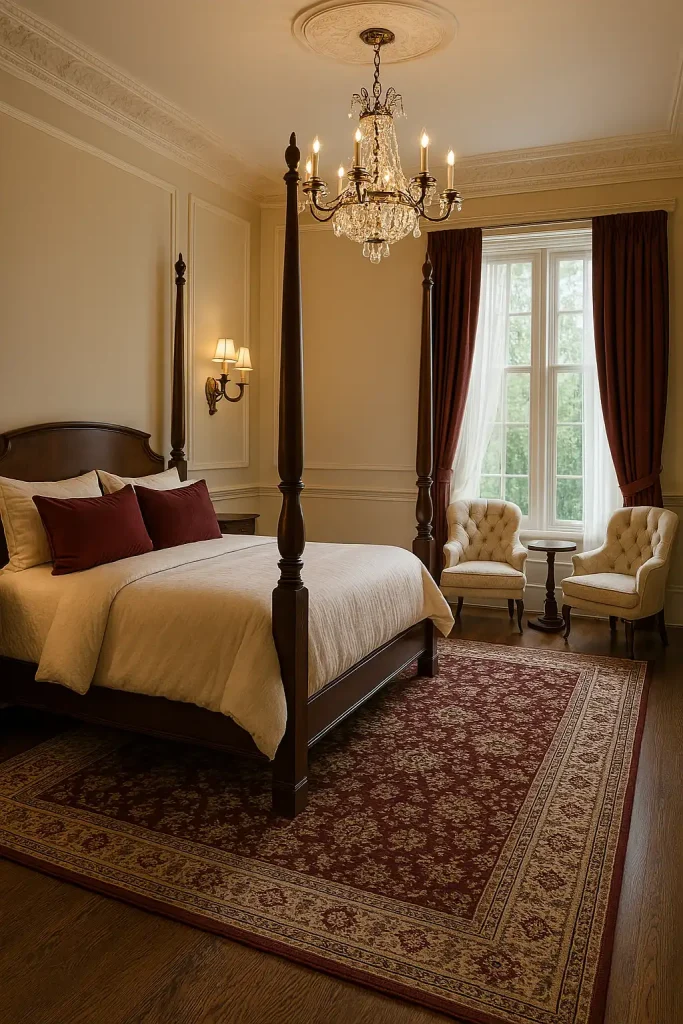 Classic master bedroom with a four-poster bed, ornate crown molding, tufted armchairs by the window, and a rich burgundy and cream color scheme. Vintage wall sconces and a crystal chandelier add refinement.