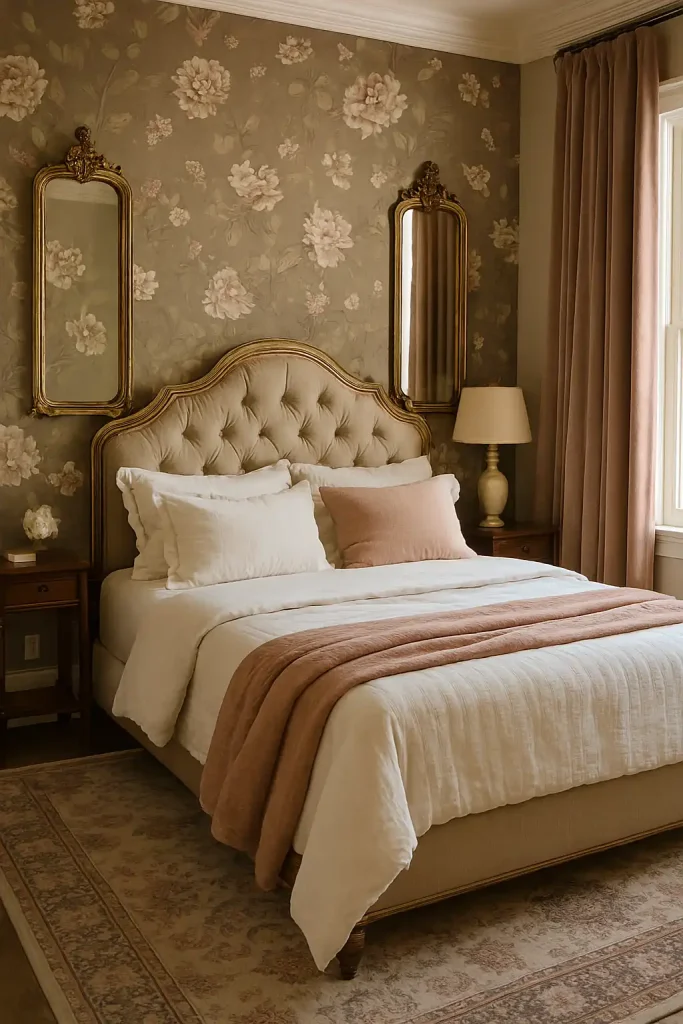 Elegant bedroom with floral wallpaper, antique gold-framed mirrors, a tufted headboard, and layered bedding in shades of ivory and dusty rose. A traditional area rug and velvet curtains finish the look.