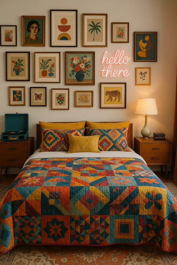 Eclectic master bedroom with a gallery wall of mismatched artwork, a brightly colored quilt, patterned throw pillows, mid-century furniture, and a funky neon sign. A vintage record player sits on the dresser.