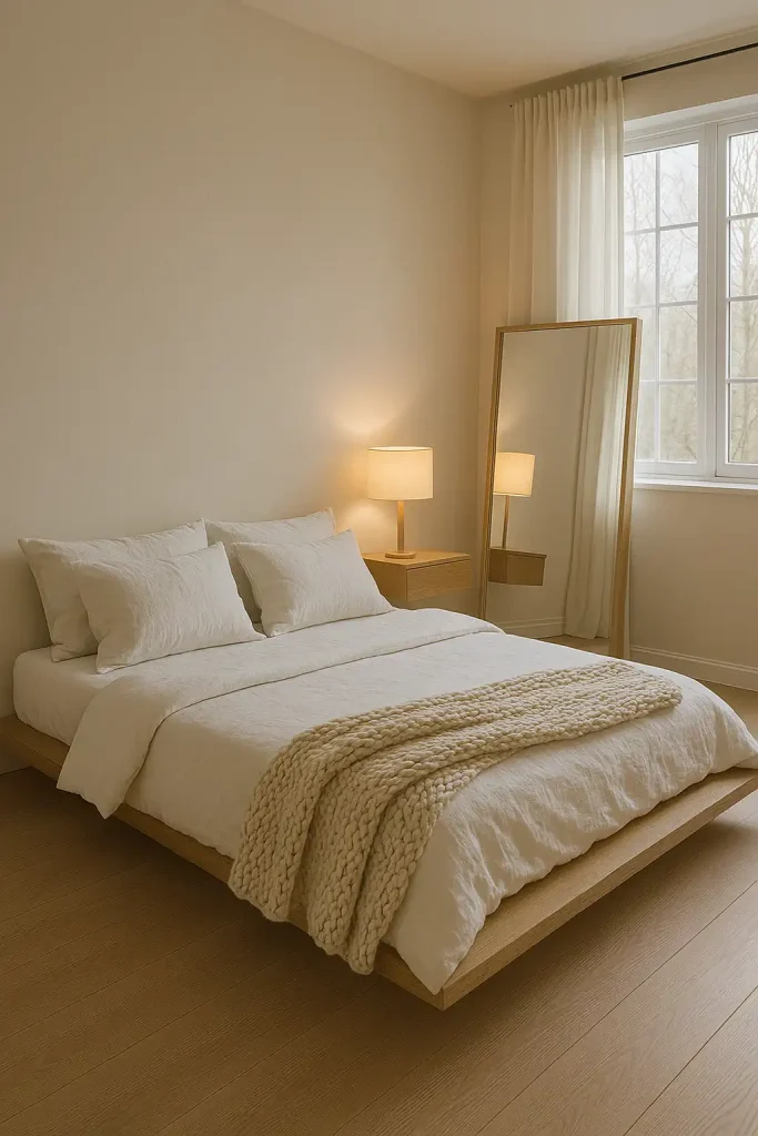 Scandinavian-style master bedroom featuring light wood floors, a floating nightstand, warm white lighting, and cozy textures like a chunky knit throw. A large mirror leaning against the wall reflects the natural light from oversized windows.