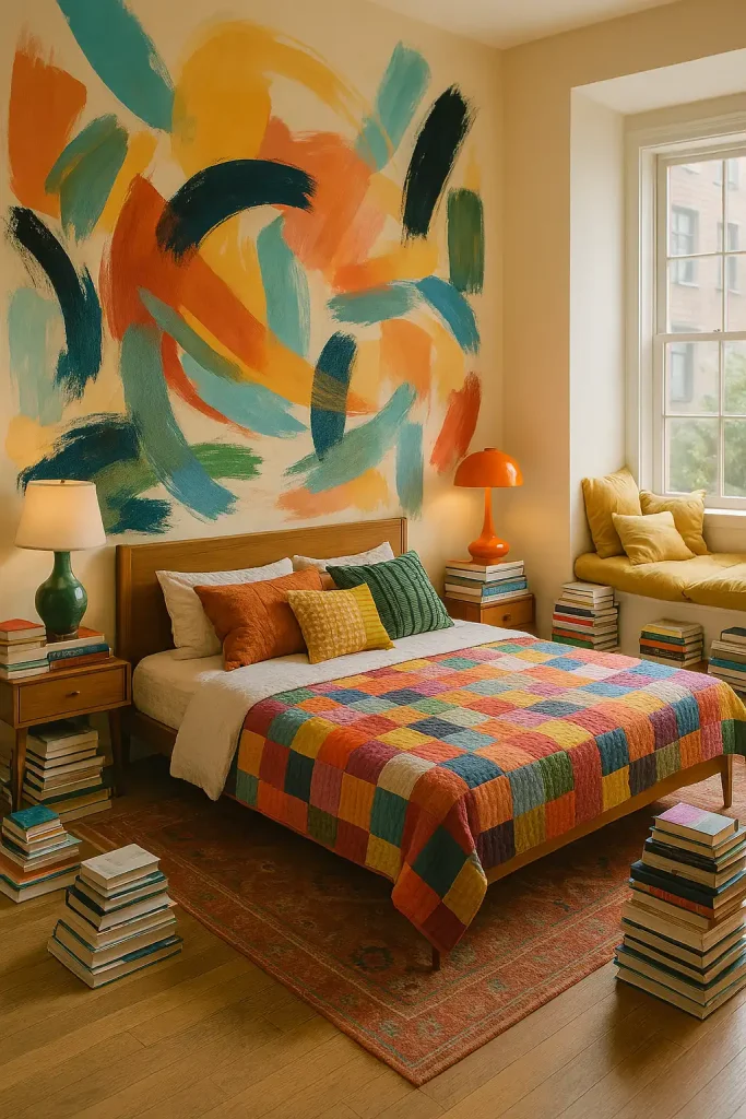 Artist’s bedroom filled with personality: an abstract mural behind the bed, mismatched bedside lamps, vibrant textiles, books stacked everywhere, and a reading nook with oversized pillows by the window.