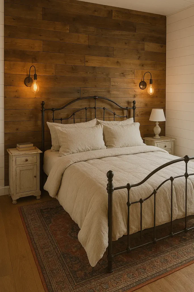 Cozy master bedroom with a reclaimed wood accent wall, a wrought iron bed frame, vintage Persian rug, and Edison bulb sconces. White shiplap walls and distressed furniture pieces with a soft beige comforter set.