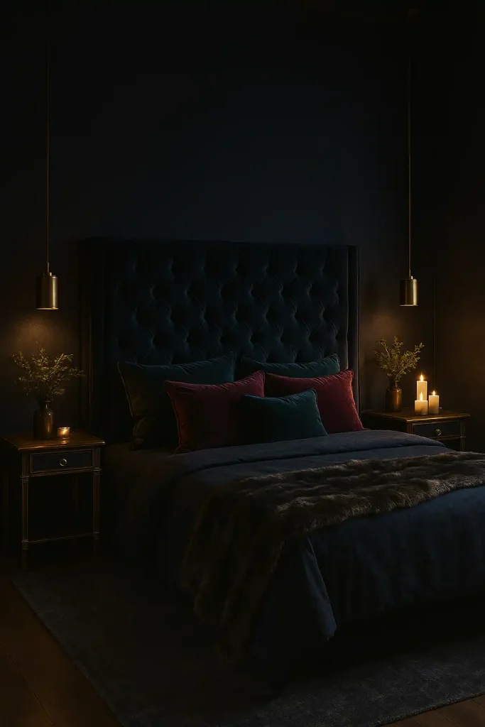 Dark and moody master bedroom with deep navy walls, a tufted velvet headboard, gold accents, and layered textures in jewel-toned throw pillows and a fur blanket. Ambient lighting from pendant lights and candles.