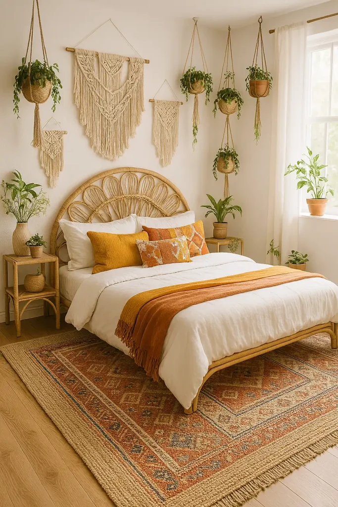 A bright and airy bohemian master bedroom with macrame wall hangings, layered rugs, a rattan headboard, hanging plants, and colorful textiles. The bed is dressed in crisp white linens with mustard and terracotta accents.