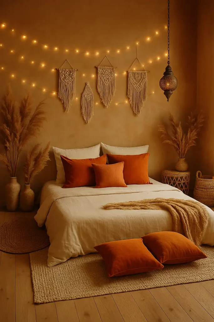 Earthy boho bedroom with a low bed, pampas grass arrangements, woven baskets, and burnt orange throw pillows. A Moroccan lantern hangs from the ceiling and string lights create a cozy atmosphere.