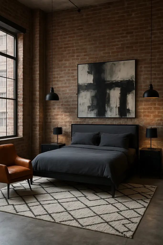 Master bedroom in a city loft with exposed brick walls, industrial-style pendant lighting, sleek black furniture, and a large abstract painting. Concrete floors softened by a geometric rug and a statement leather chair.