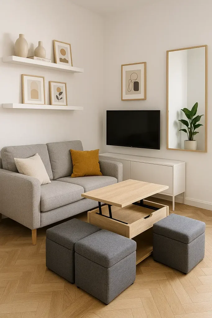 A small but stylish modern living room with a smart layout. White walls with floating shelves, a loveseat-sized soft gray sofa with multi-functional ottomans. Wall-mounted TV above a minimalist media console. Foldable coffee table with hidden storage. Light-toned herringbone floors, a mirror to reflect light, a compact gallery wall with neutral prints, and a potted ZZ plant for a pop of greenery.