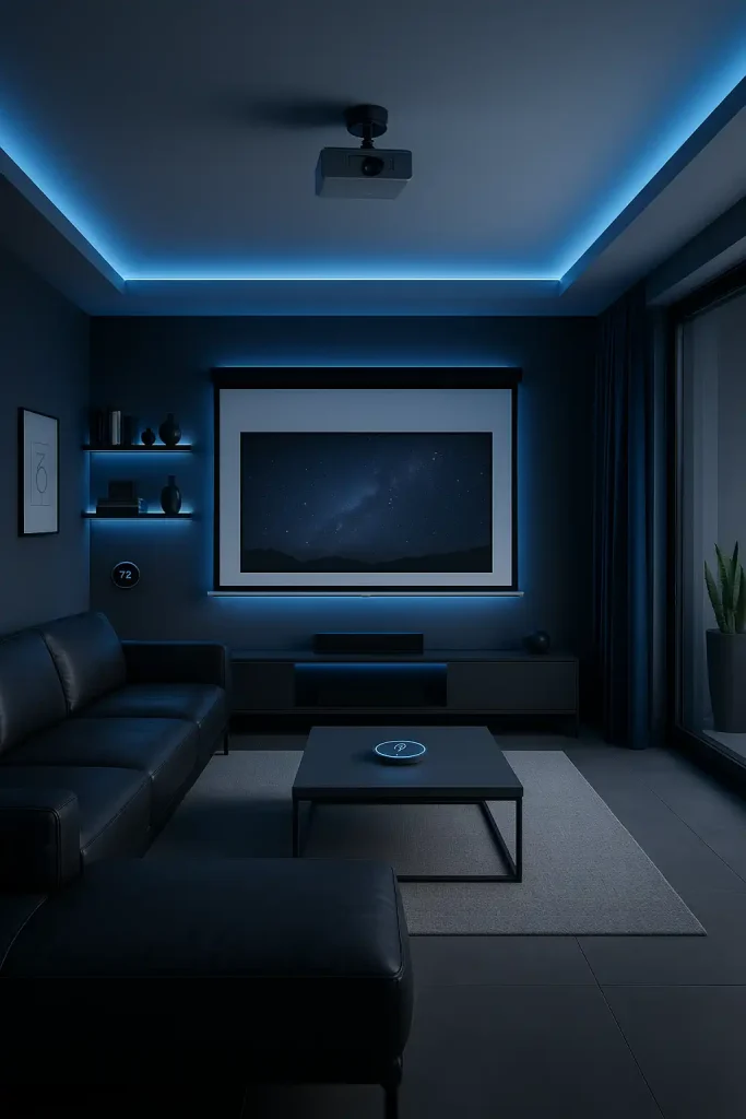 A high-tech modern living room with integrated smart lighting, a hidden projector screen, and built-in surround sound. Clean-lined sectional in black leather, illuminated floating shelves, and a central modern coffee table with a wireless charging surface. LED strip lighting behind the TV, motorized curtains, and a minimalist color palette: dark gray, black, and deep blue. Smart thermostat on the wall and voice assistant on a sleek console.