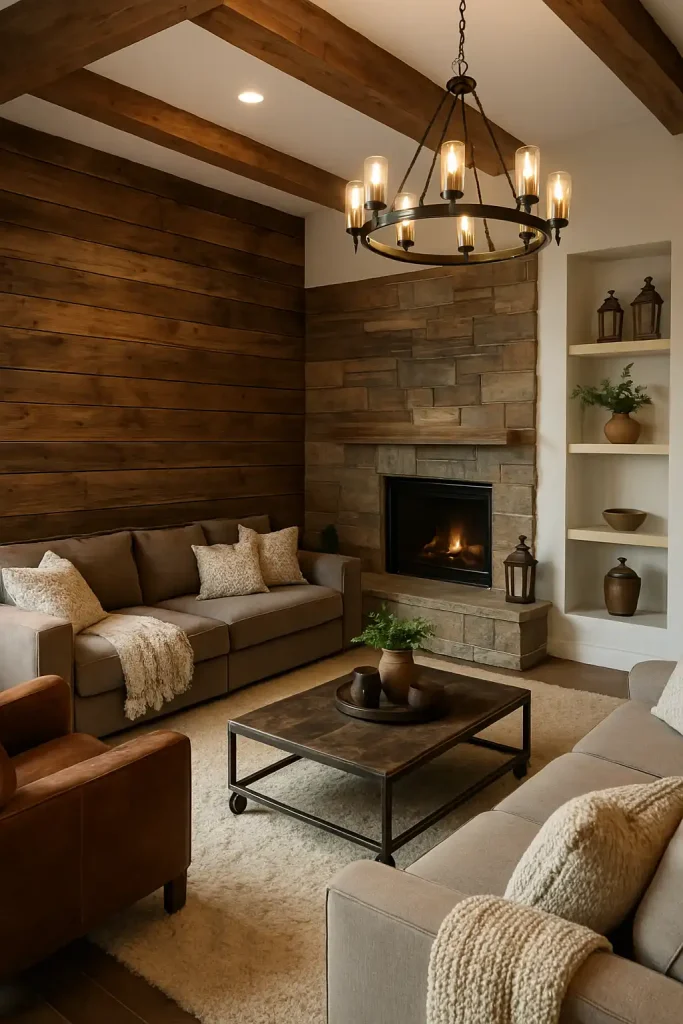 A warm, inviting modern living room with rustic touches: reclaimed wood accent wall, leather armchair, and a soft taupe sectional with knit throws. Stone fireplace, open wood beam ceiling, and a large wool area rug. Industrial-style coffee table with wheels, soft ambient lighting, and vintage lanterns repurposed as decor. Touches of greenery and earth-toned ceramics on built-in shelves.