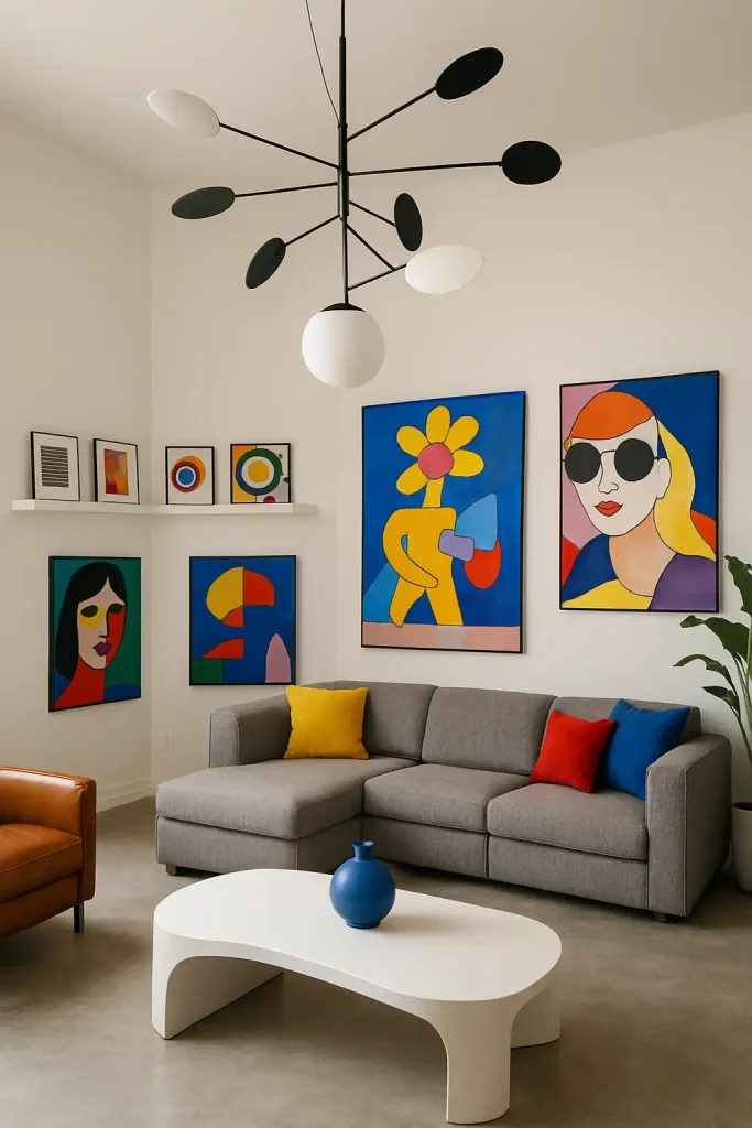 A creative, modern living room designed around a bold art collection. White gallery-style walls with vibrant contemporary art and a sculptural statement light fixture. Modular gray couch, curved coffee table, and pops of primary colors in pillows and accessories. Polished concrete floors, minimal decor, and a tall plant in the corner. One wall is dedicated to a floating shelf with small framed modern prints.