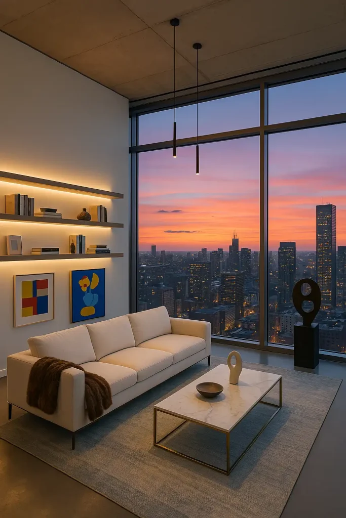 Modern penthouse living room with full-height glass walls revealing a city skyline at sunset. Sleek white sofa facing outward, with a marble and brass coffee table. Floating bookshelves with curated decor, slimline LED lighting, and a fur throw for texture. Concrete ceiling and minimalist pendant lights. Rug in soft gray and pale blue tones to echo the sky. A single, bold sculpture near the window.